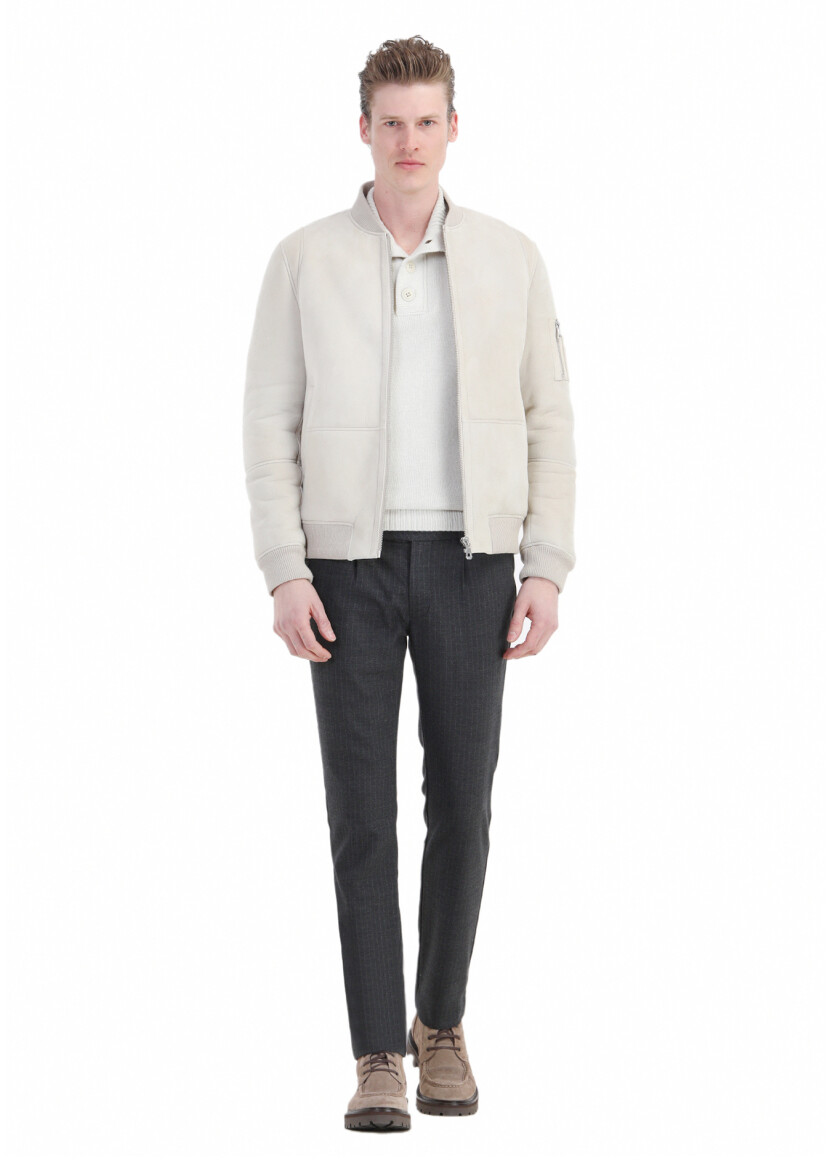 Beige Regular Fit Turtleneck Casual Fur Leather Coat - RAMSEY