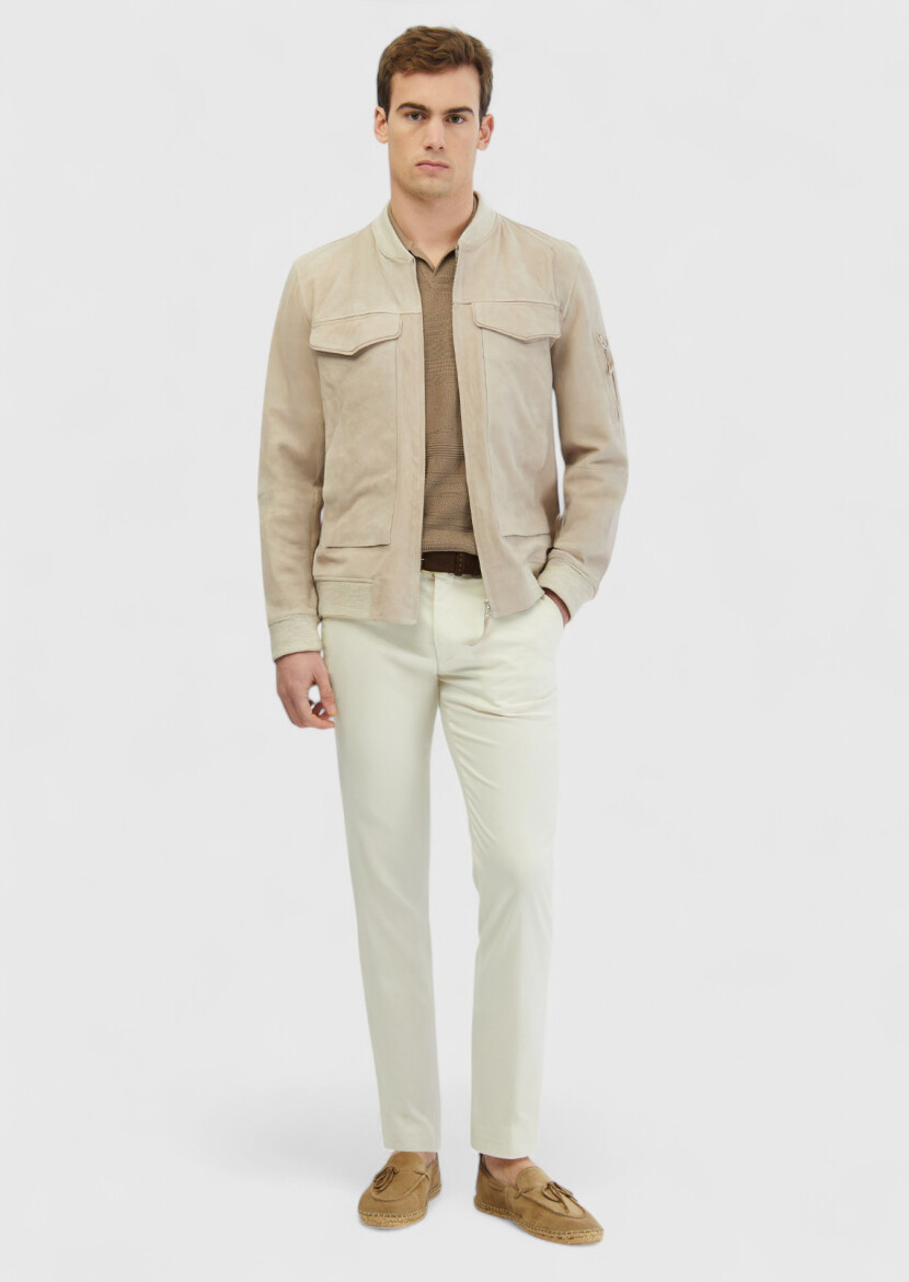 Beige Regular Fit Turtleneck Casual Leather Coat - RAMSEY