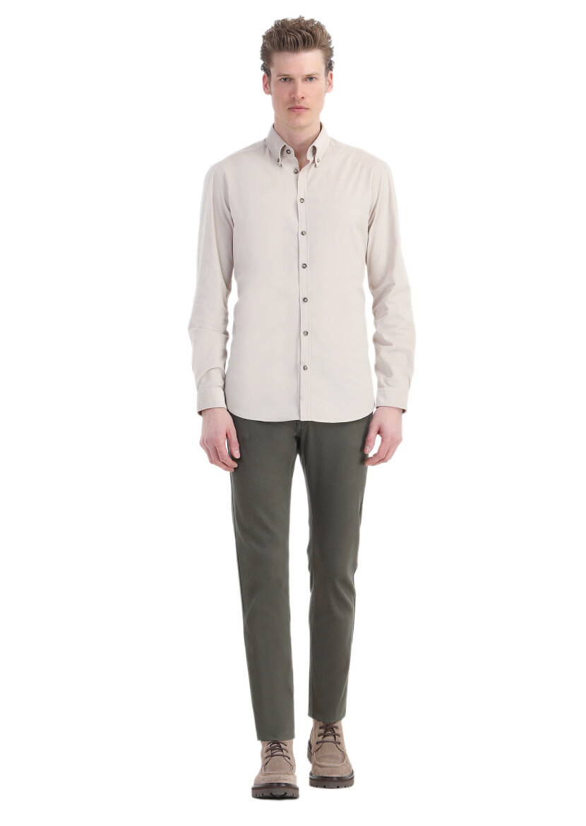 Beige Ribbed Regular Fit Weaving Casual 100% Cotton Shirt 