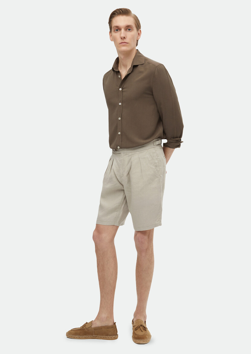 Beige Weaving Carrot Fit Casual 100% Linen Bermuda - RAMSEY