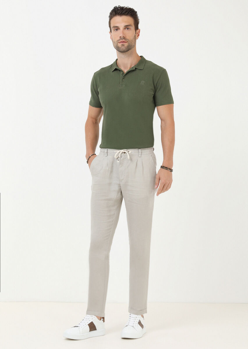 Beige Weaving Casual 100% Linen Trousers - 3
