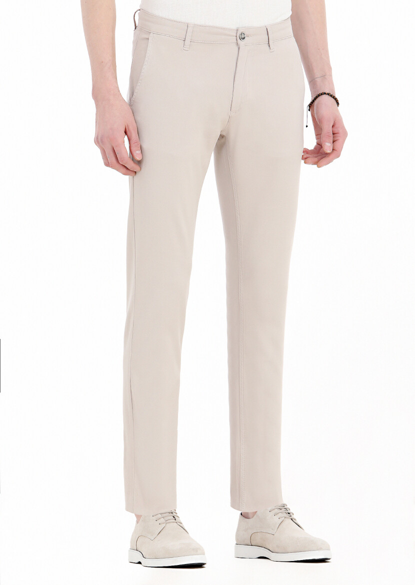 Beige Weaving Slim Fit Casual Cotton Blended Trousers 