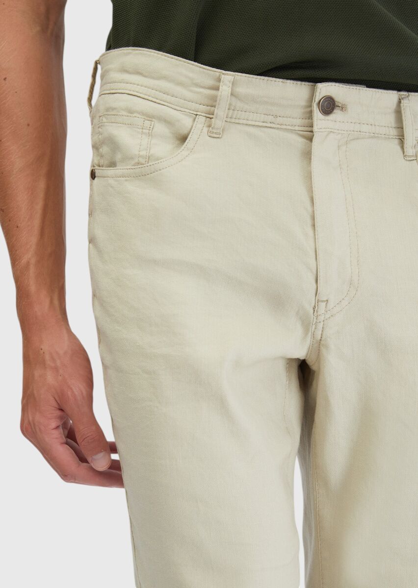 Beige Weaving Slim Fit Casual Linen Blended Trousers - 3