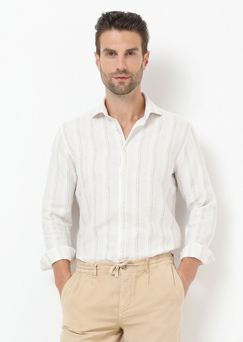Bej Çizgili Regular Fit Dokuma Casual Pamuk Karışımlı Gömlek - 1