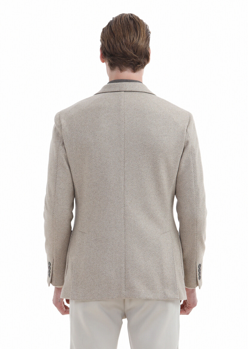 Bej Desenli Shirt Shoulder Slim Fit %100 Kaşmir Örme Ceket - 6