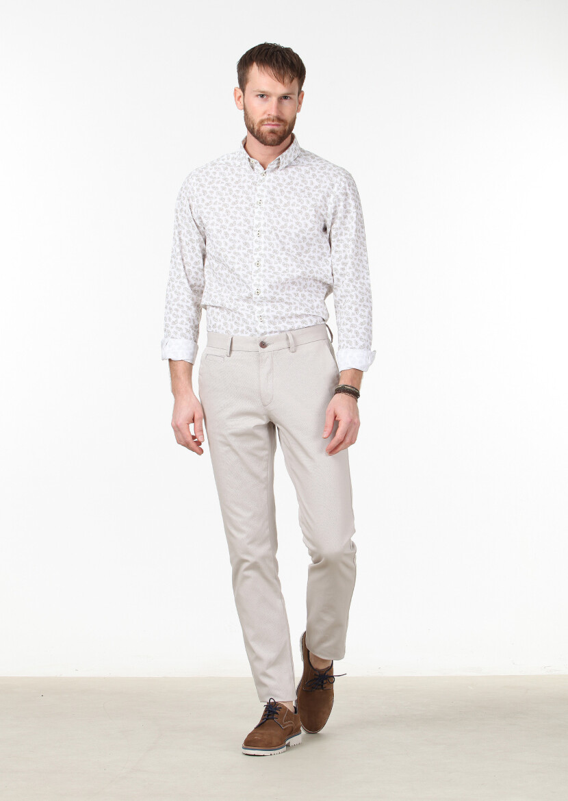 Bej Dokuma Regular Fit Casual Pamuk Karışımlı Pantolon 