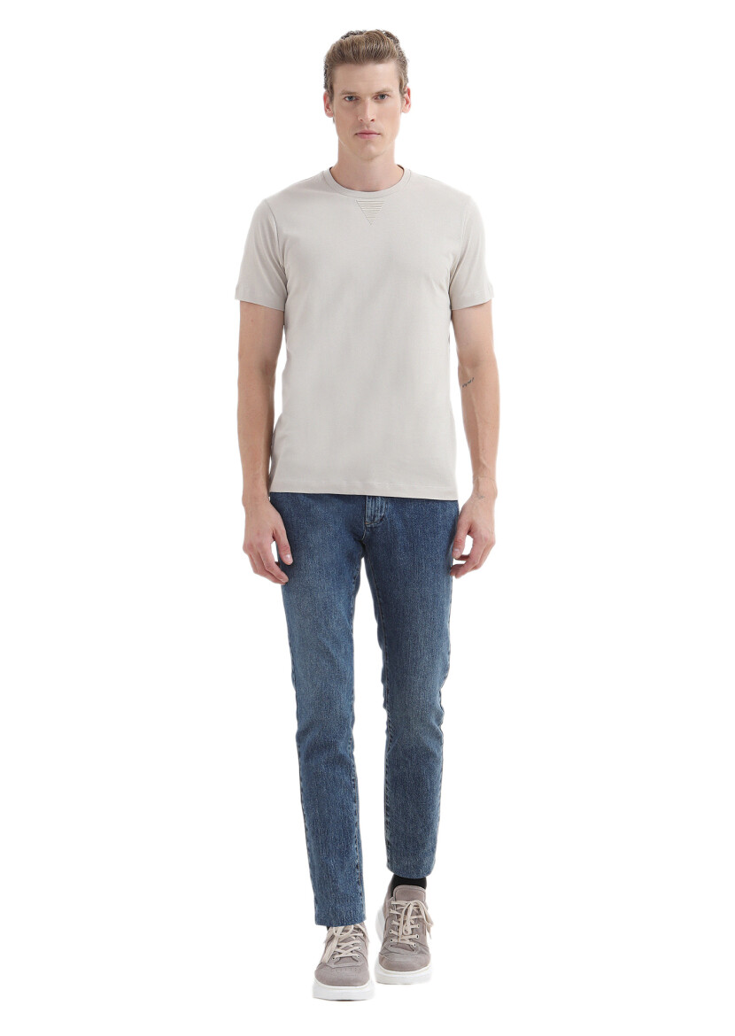 Bej Düz Bisiklet Yaka %100 Pamuk T-Shirt 
