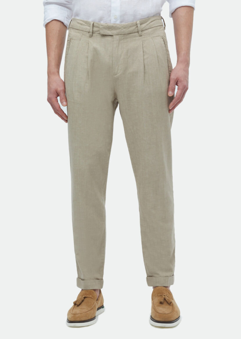 Bej Düz Dokuma Carrot Fit Casual Pamuk Karışımlı Pantolon 