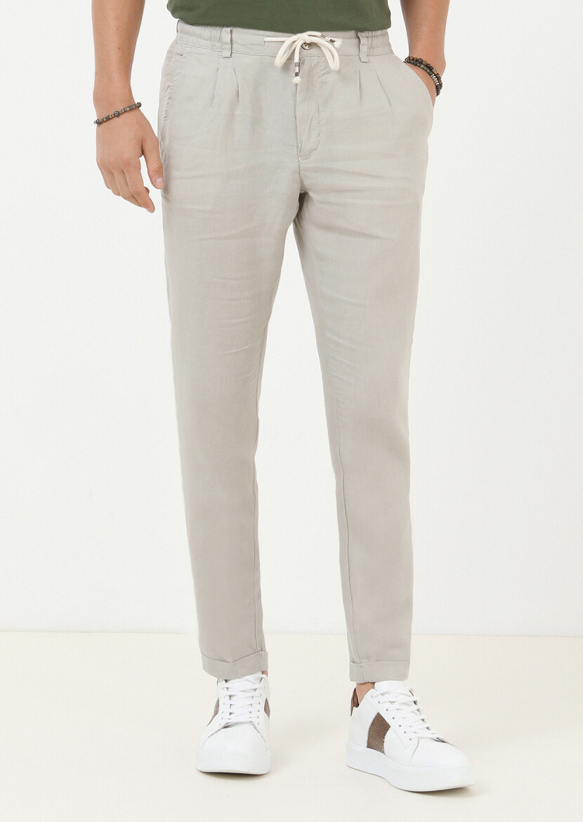 Bej Düz Dokuma Casual %100 Keten Pantolon - 1