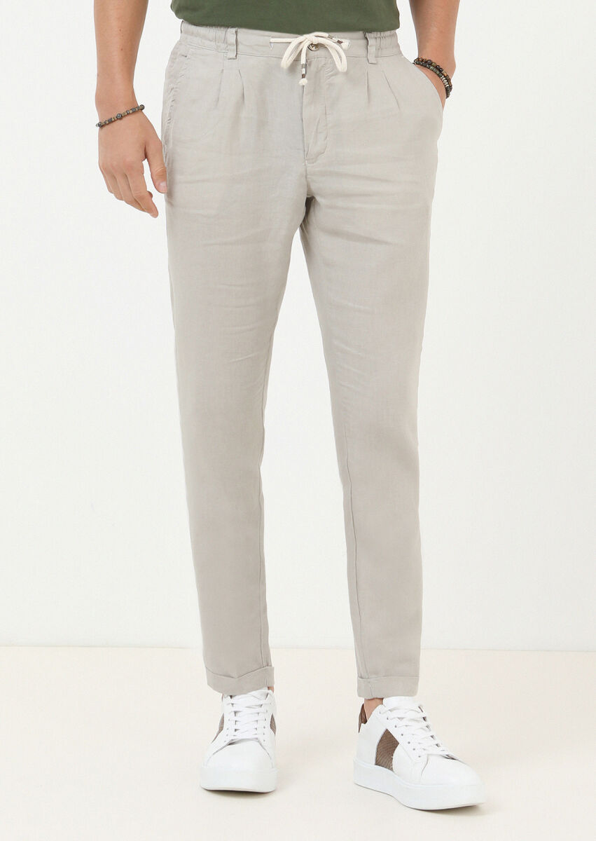 Bej Düz Dokuma Casual %100 Keten Pantolon - 1