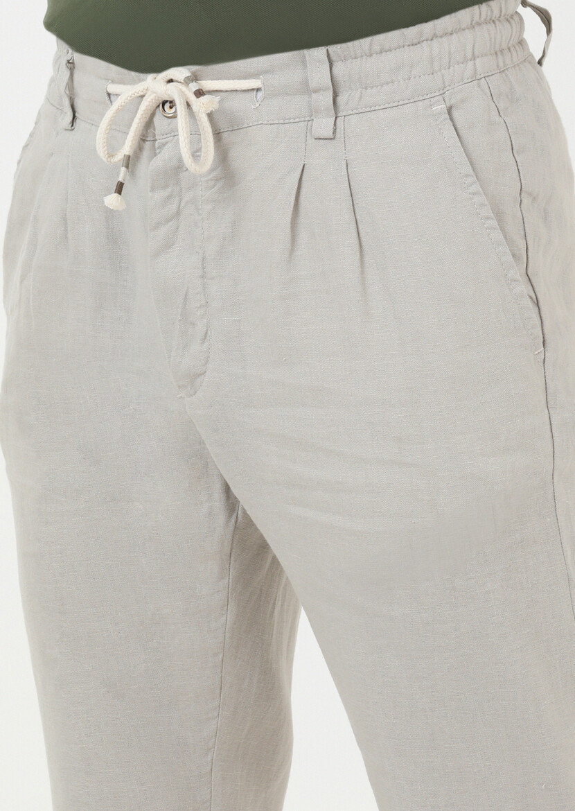 Bej Düz Dokuma Casual %100 Keten Pantolon 