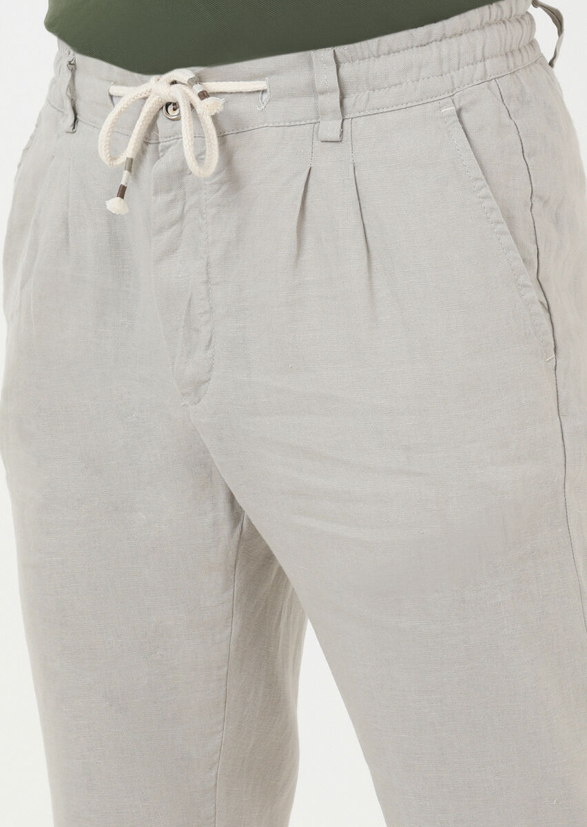 Bej Düz Dokuma Casual %100 Keten Pantolon - 2