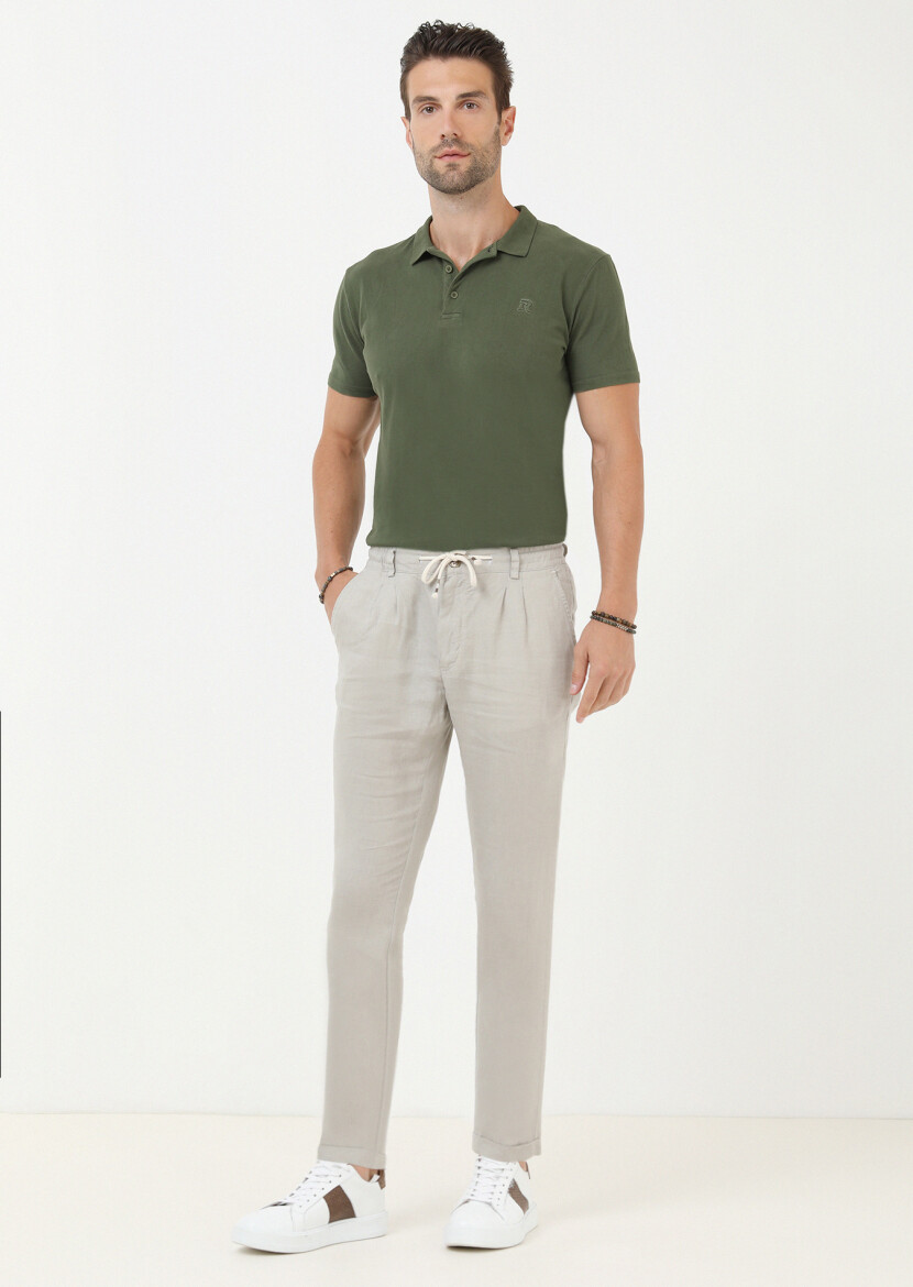 Bej Düz Dokuma Casual %100 Keten Pantolon - 3