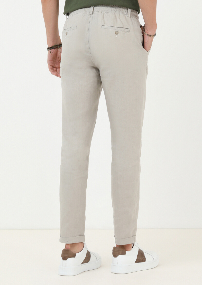 Bej Düz Dokuma Casual %100 Keten Pantolon - 4
