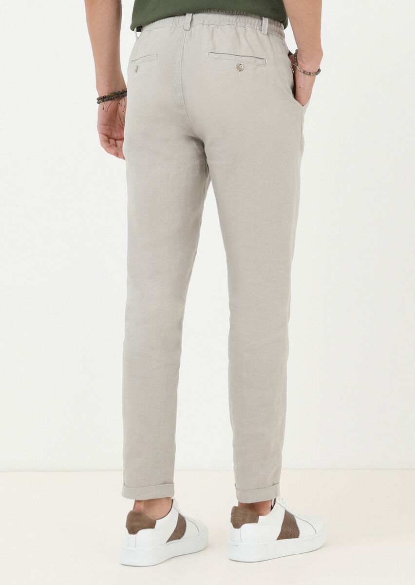 Bej Düz Dokuma Casual %100 Keten Pantolon - 4
