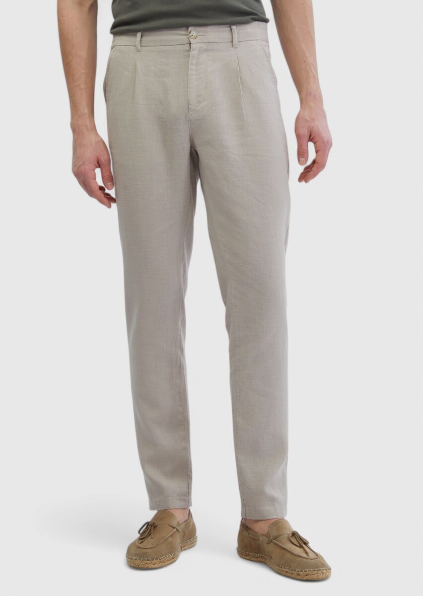 Bej Düz Dokuma Jogging Fit Casual %100 Keten Pantolon - 2