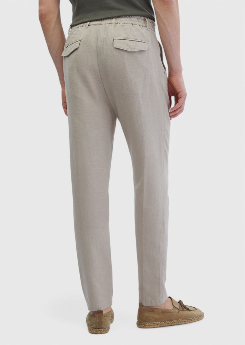 Bej Düz Dokuma Jogging Fit Casual %100 Keten Pantolon - 5