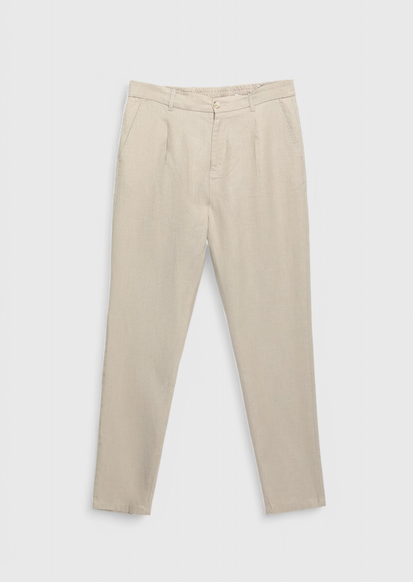 Bej Düz Dokuma Jogging Fit Casual %100 Keten Pantolon - 6