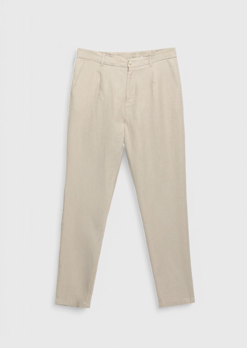 Bej Düz Dokuma Jogging Fit Casual %100 Keten Pantolon - 6