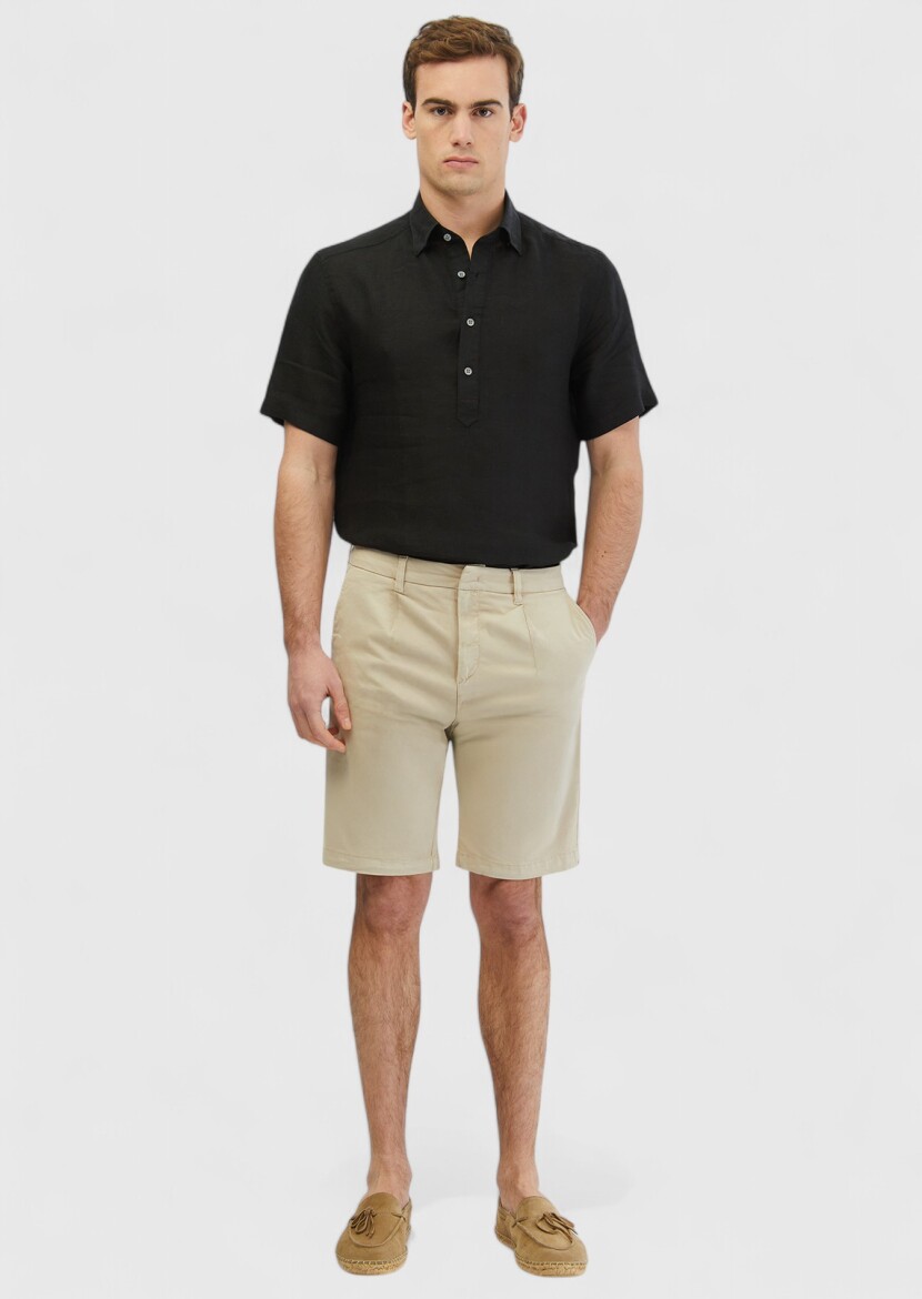 Bej Düz Dokuma Regular Fit Casual Pamuk Karışımlı Bermuda - 1
