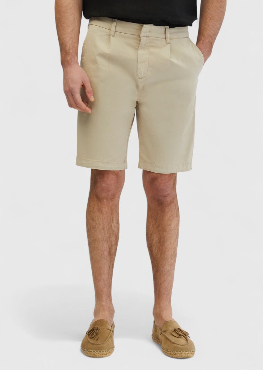 Bej Düz Dokuma Regular Fit Casual Pamuk Karışımlı Bermuda - 2