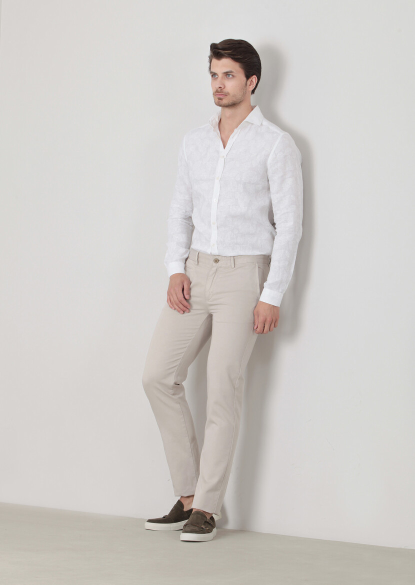 Bej Düz Dokuma Regular Fit Casual Pamuk Karışımlı Pantolon 