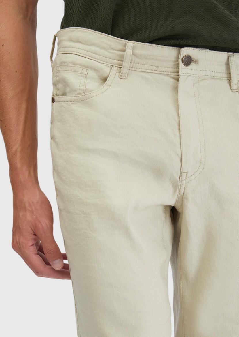 Bej Düz Dokuma Slim Fit Casual Keten Karışımlı Pantolon - 3