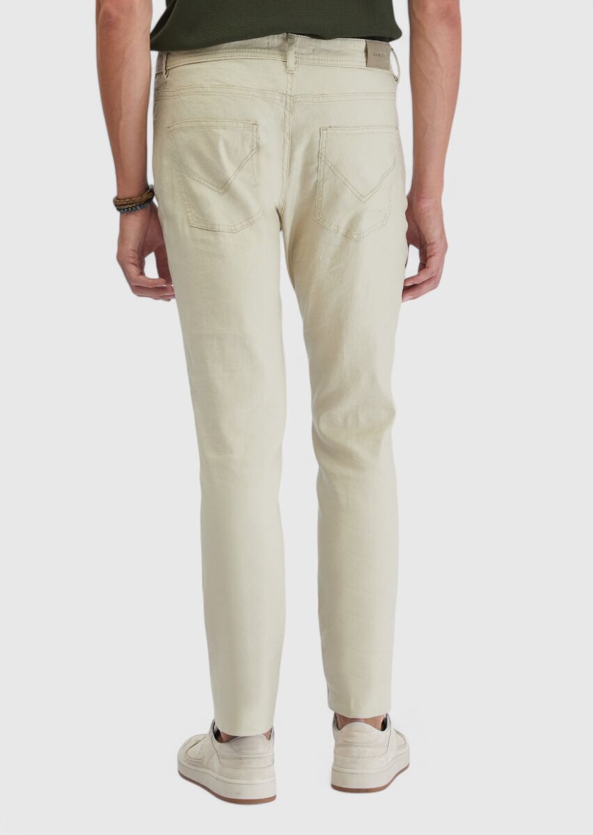 Bej Düz Dokuma Slim Fit Casual Keten Karışımlı Pantolon - 5