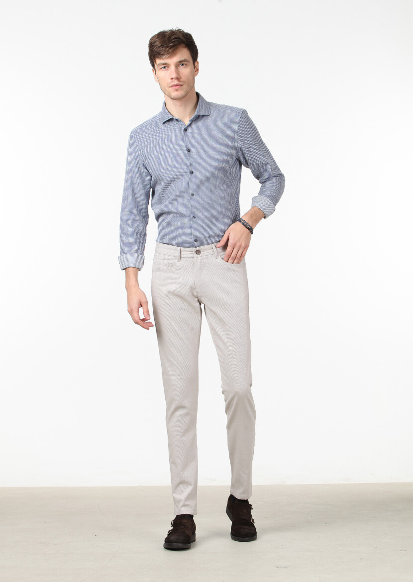 Bej Düz Dokuma Slim Fit Casual Pamuk Karışımlı Pantolon 