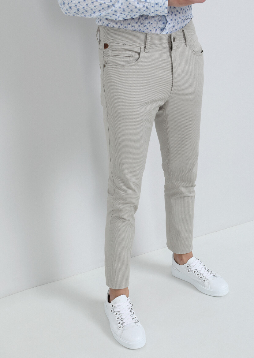 Bej Düz Dokuma Slim Fit Casual Pamuk Karışımlı Pantolon 