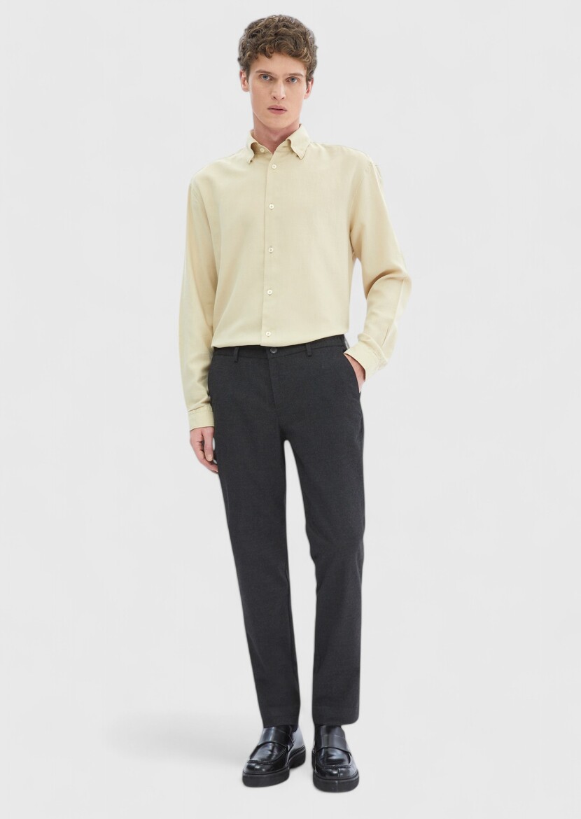Bej Düz Loose Fit Dokuma Casual Yün Karışımlı Gömlek 