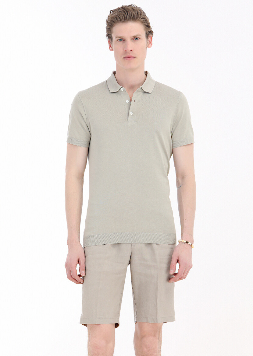 Bej Düz Polo Yaka %100 Pamuk T-Shirt 