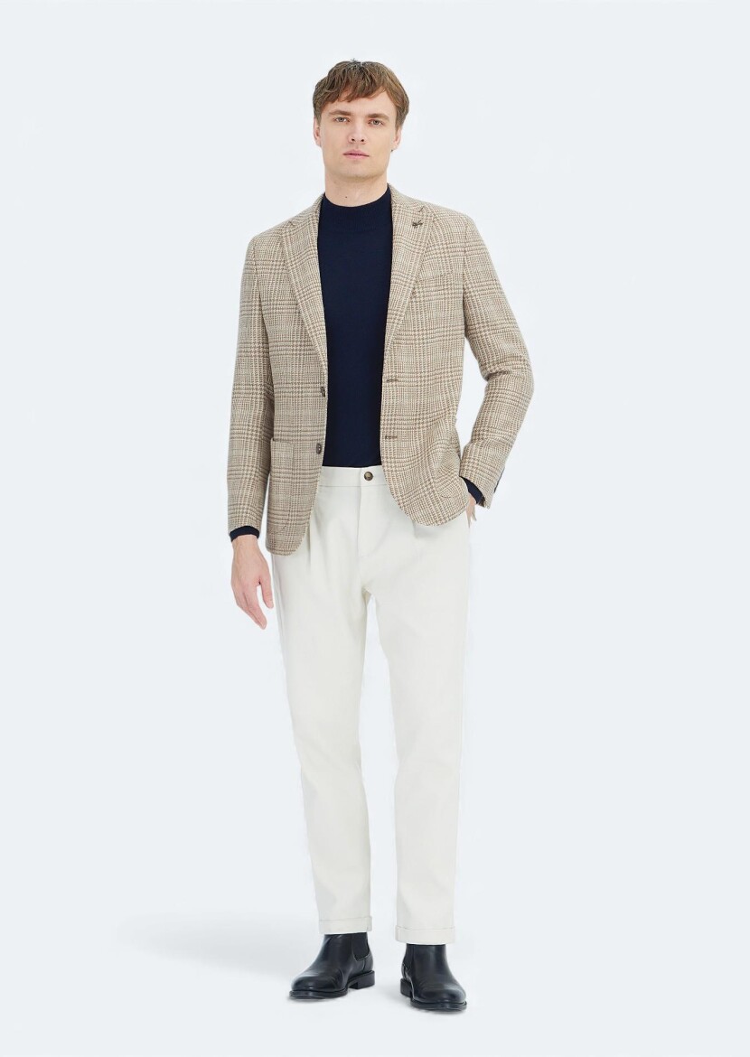 Bej Kareli Shirt Shoulder Slim Fit Yün Karışımlı Ceket - RAMSEY