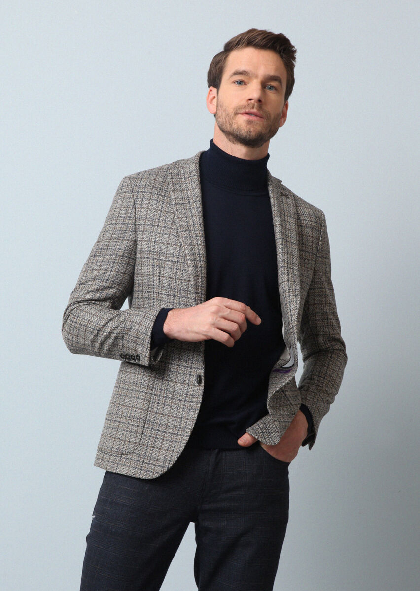 Bej Kareli Zeroweight Slim Fit Yün Karışımlı Ceket - 4