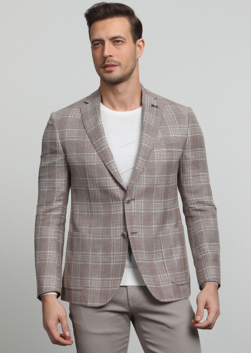 Bej Kareli Zeroweight Slim Fit Yün Karışımlı Ceket - 3