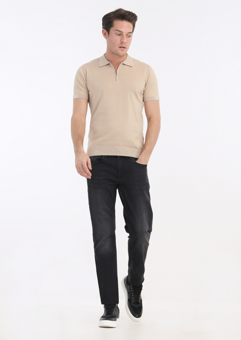 Bej Polo Yaka Jakarlı %100 Pamuk Triko - 1