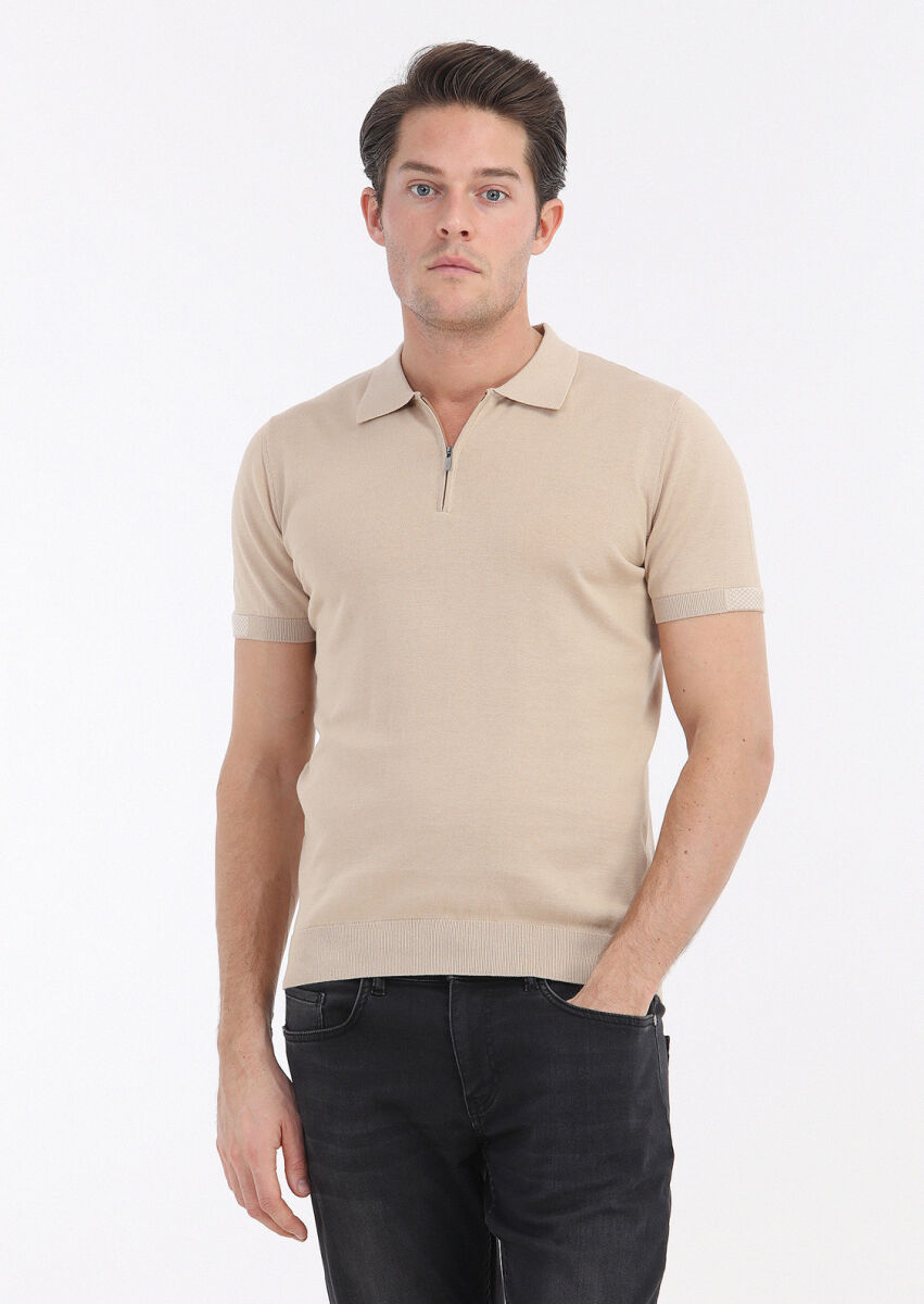 Bej Polo Yaka Jakarlı %100 Pamuk Triko - 2