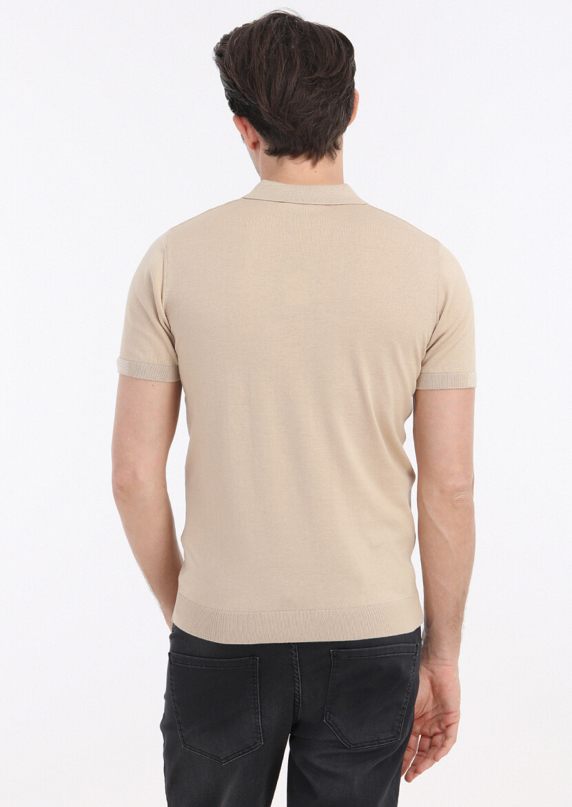 Bej Polo Yaka Jakarlı %100 Pamuk Triko - 5