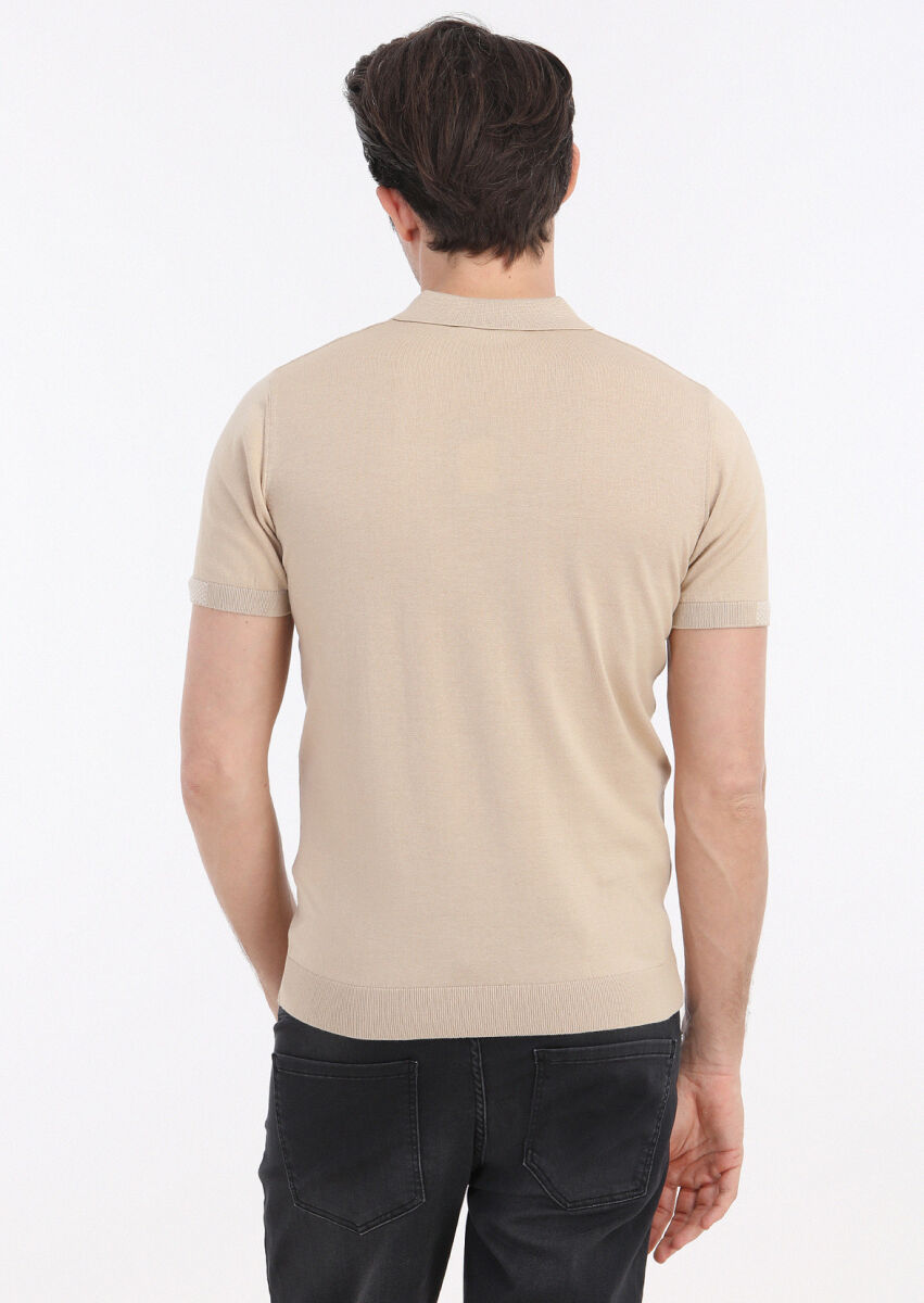Bej Polo Yaka Jakarlı %100 Pamuk Triko - 5