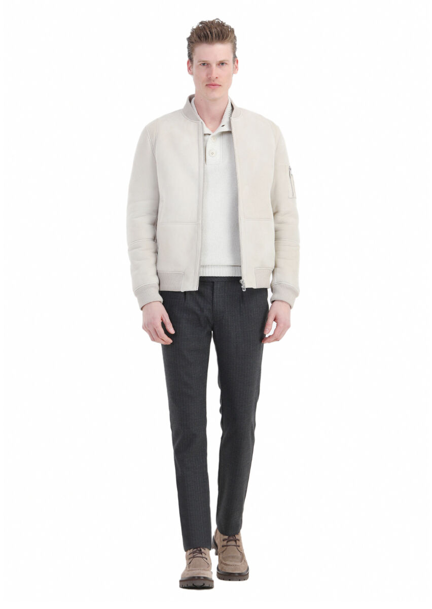 Bej Regular Fit Dik Yaka Casual Kürk Deri Mont - 2