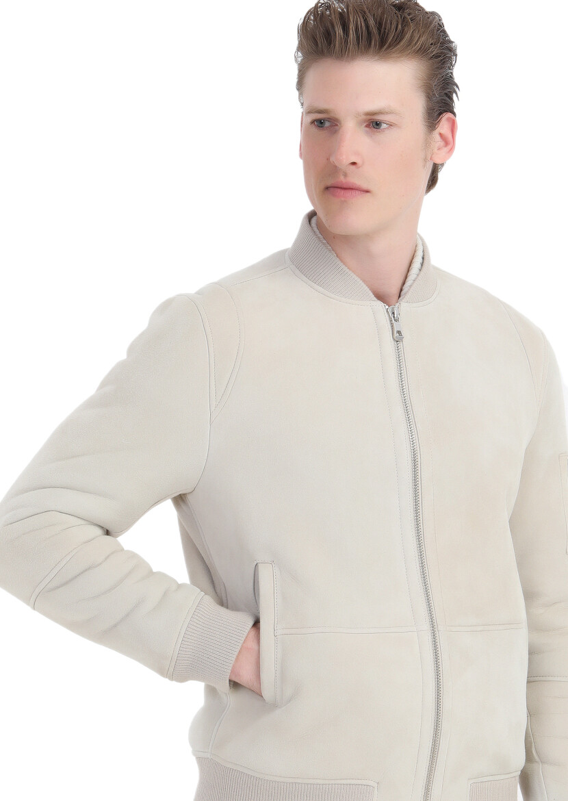 Bej Regular Fit Dik Yaka Casual Kürk Deri Mont - 4