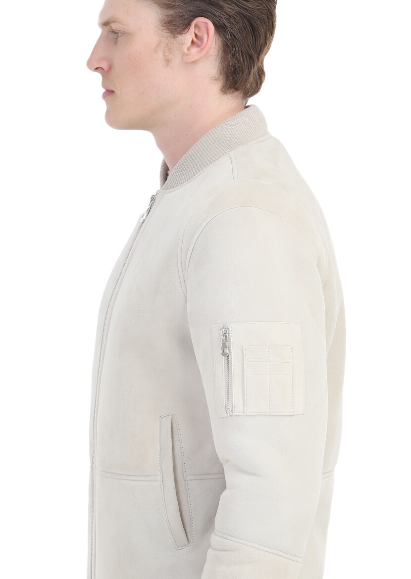 Bej Regular Fit Dik Yaka Casual Kürk Deri Mont - 5