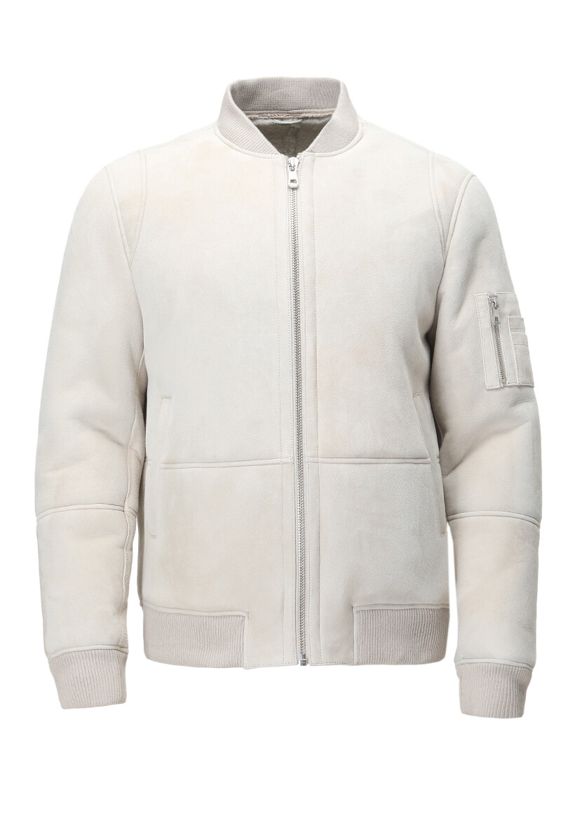 Bej Regular Fit Dik Yaka Casual Kürk Deri Mont - 7