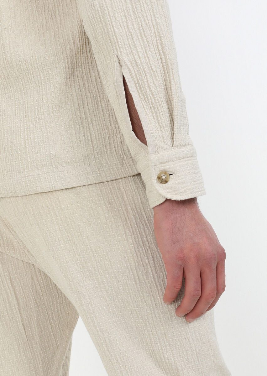 Bej Regular Fit Dokuma Pamuk Karışımlı Overshırt - 6