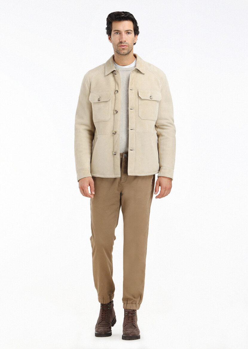 Bej Regular Fit Gömlek Yaka Casual Kürk Deri Mont - 1