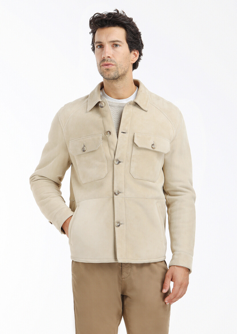 Bej Regular Fit Gömlek Yaka Casual Kürk Deri Mont - 2