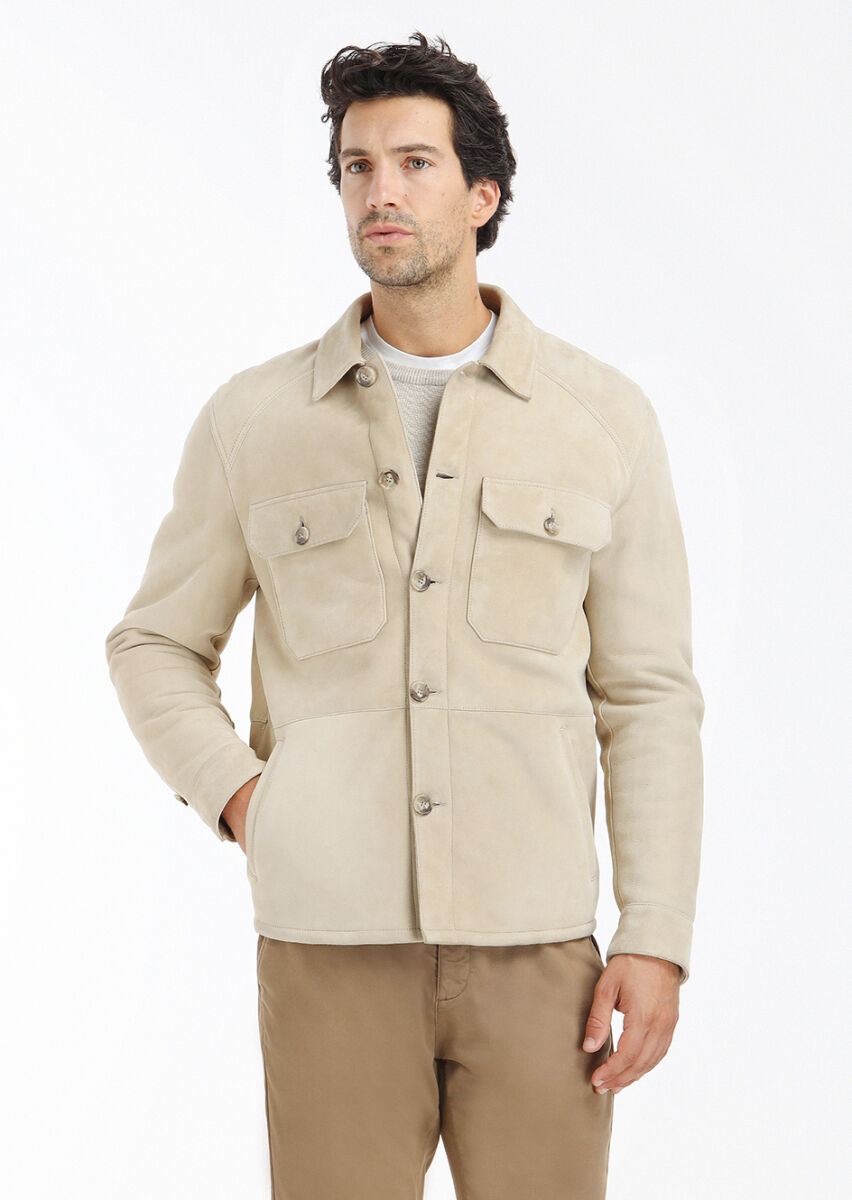 Bej Regular Fit Gömlek Yaka Casual Kürk Deri Mont - 2