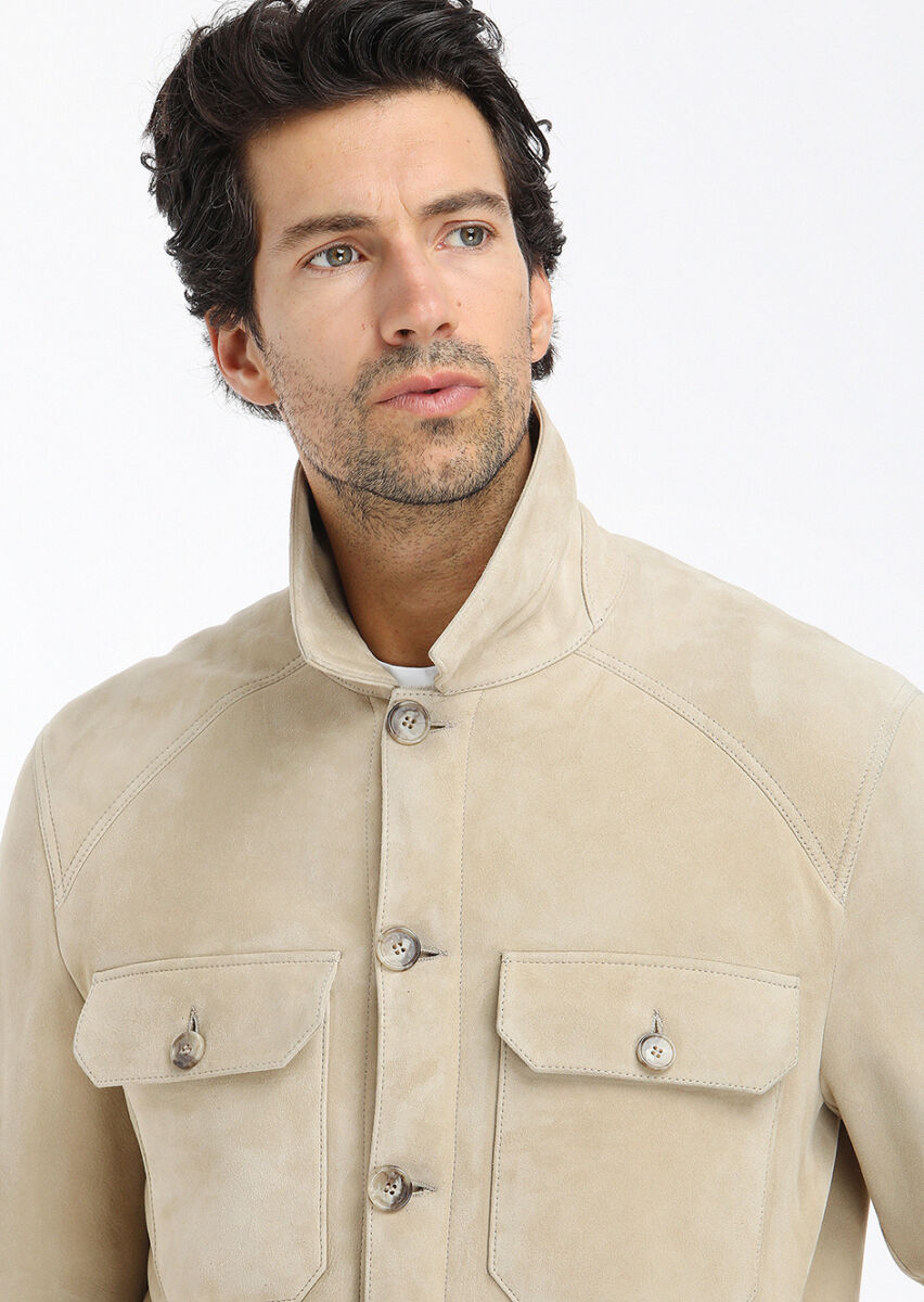 Bej Regular Fit Gömlek Yaka Casual Kürk Deri Mont - 3