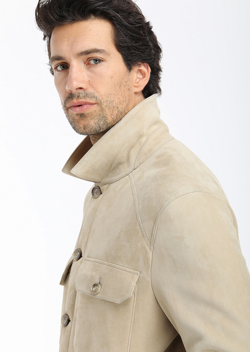 Bej Regular Fit Gömlek Yaka Casual Kürk Deri Mont - 4