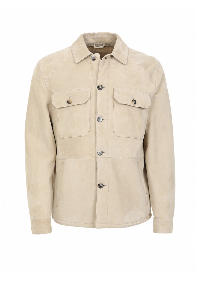 Bej Regular Fit Gömlek Yaka Casual Kürk Deri Mont - 6